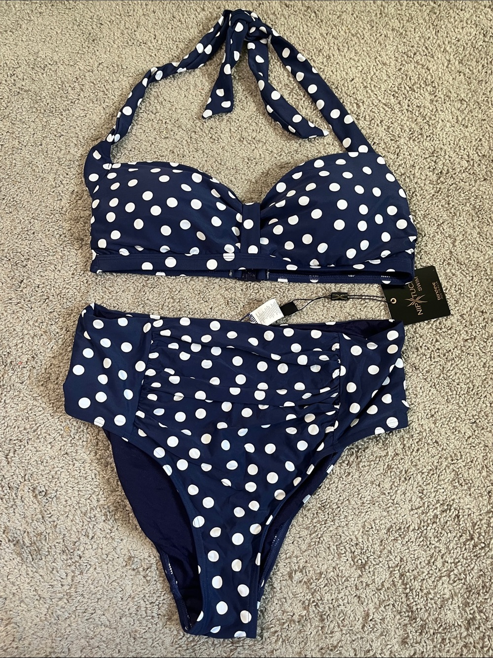 Nip Tuck Retro Pinup Navy White Polka Dot Halter 2 Piece Bathing Suit 12 NWT